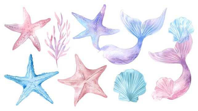 Serene and ethereal underwater scene featuring pastel watercolor starfish mermaid tails and other enchanting marine elements