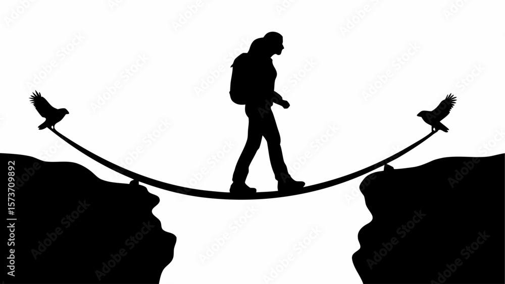 Aufkleber silhouette of a hiker with backpack walking on a rope bridge between cliffs with birds on each side 