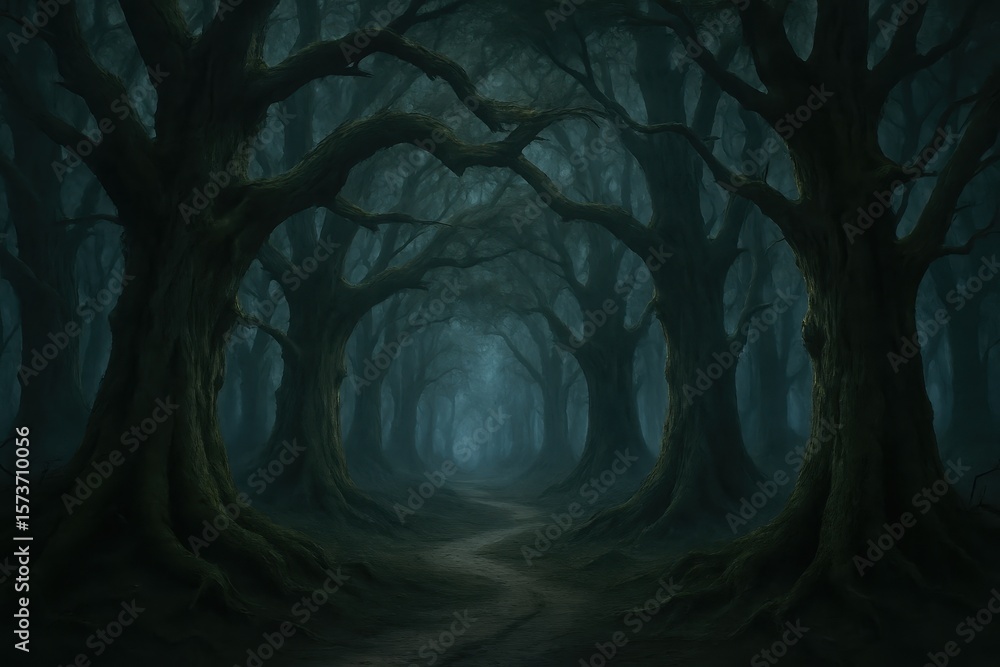 Poster mysterious forest trail with ancient trees and mystical fog