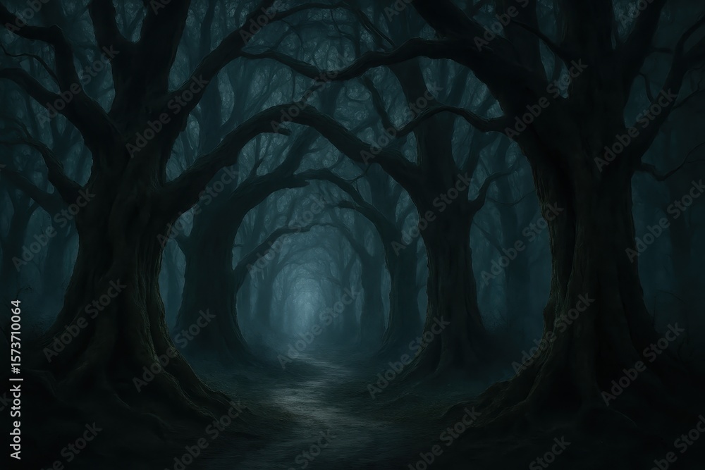 Poster mysterious forest trail with ancient trees and mystical fog