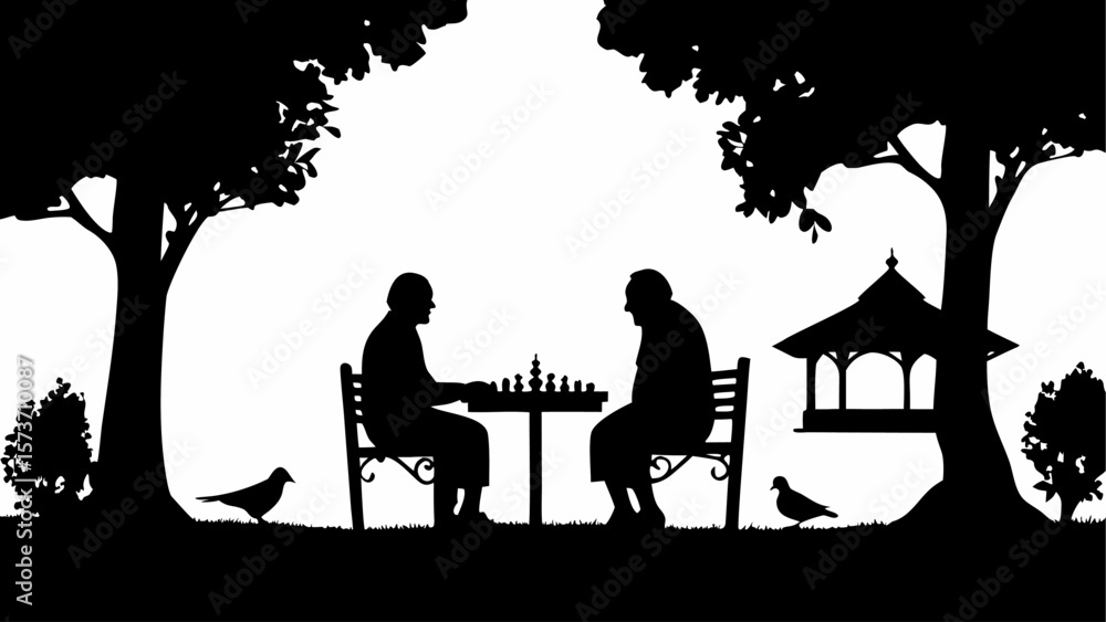 Poster silhouette of two men playing chess in a park with trees and a birdhouse in the background scene des