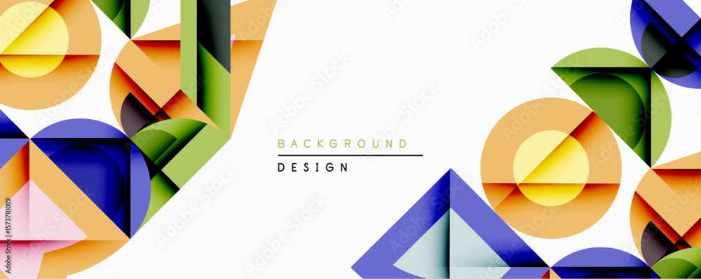 Poster Abstract geometric shapes overlap, creating vibrant color combinations. Design features circles, triangles, squares with gradients. Modern, clean aesthetic suitable for backgrounds.