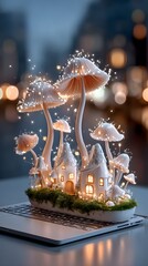 Fantasy Mushroom Houses with Fairy Lights on Laptop, Magical Miniature Village with Glowing Windows