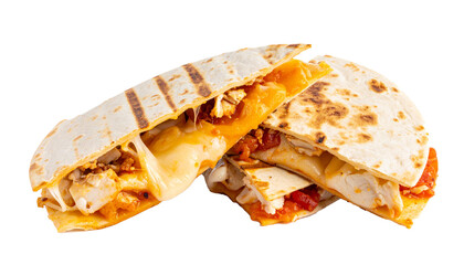 Mexican quesadilla with chicken and cheese isolated on transparent background.