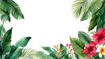 Fototapeta premium A lush colorful frame composed of verdant tropical leaves and vibrant blooming hibiscus flowers creating a serene and natural botanical border