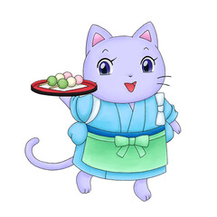 ネコの和菓子屋店員のイラスト