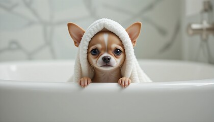 A tiny, adorable Chihuahua puppy is wrapped in a white towel, with only its head visible, resting comfortably in a white bathtub or sink.