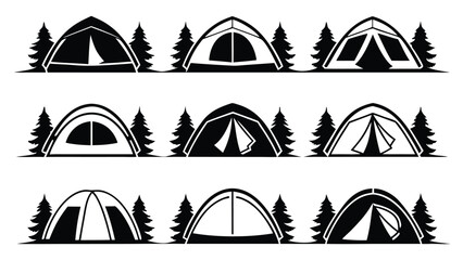 Camping tents and evergreen trees forest