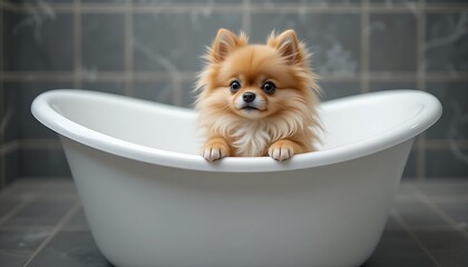 A small, fluffy, light brown Pomeranian dog is sitting calmly in a white bathtub, looking directly at the camera with an endearing expression.