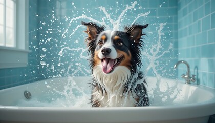 A black, white and tan Border Collie happily frolicking in the bath, looking straight into the camera with a bright smile.