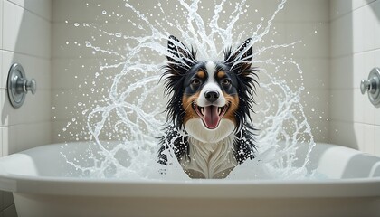 A black, white and tan Border Collie happily frolicking in the bath, looking straight into the camera with a bright smile.