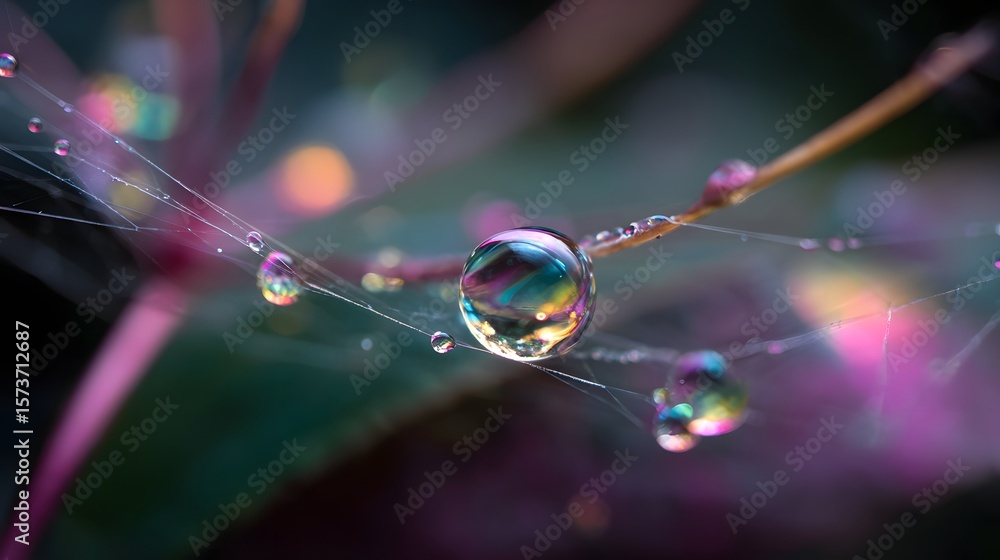 Aufkleber delicate droplet filled with rainbow like reflections gently resting on the intricate strands of a s