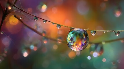 A mesmerizing dreamlike close up of a transparent droplet suspended on delicate spider web strands capturing a captivating rainbow of light reflections in a surreal fantastical botanical setting