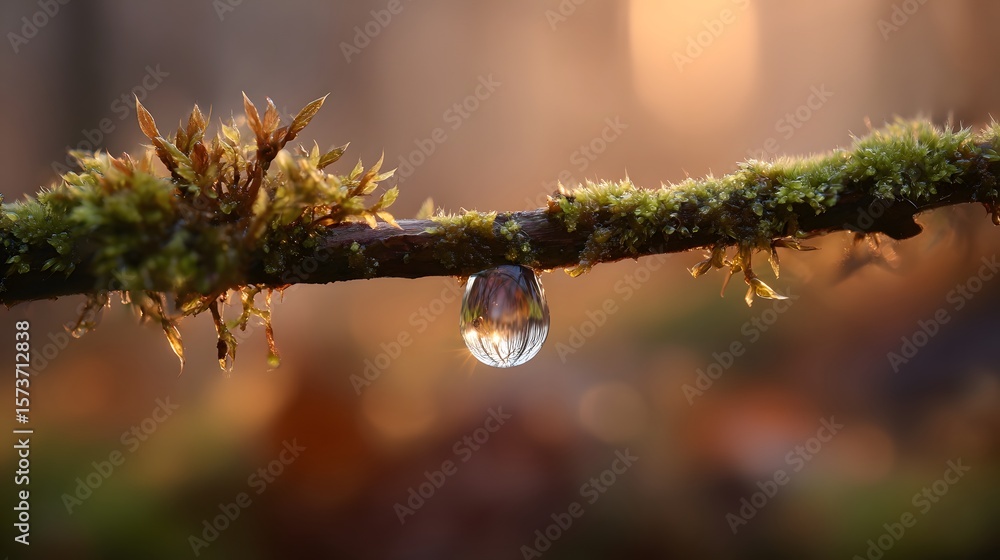 Poster a captivating close up of a solitary dew drop gently clinging to a moss covered twig its surface ref