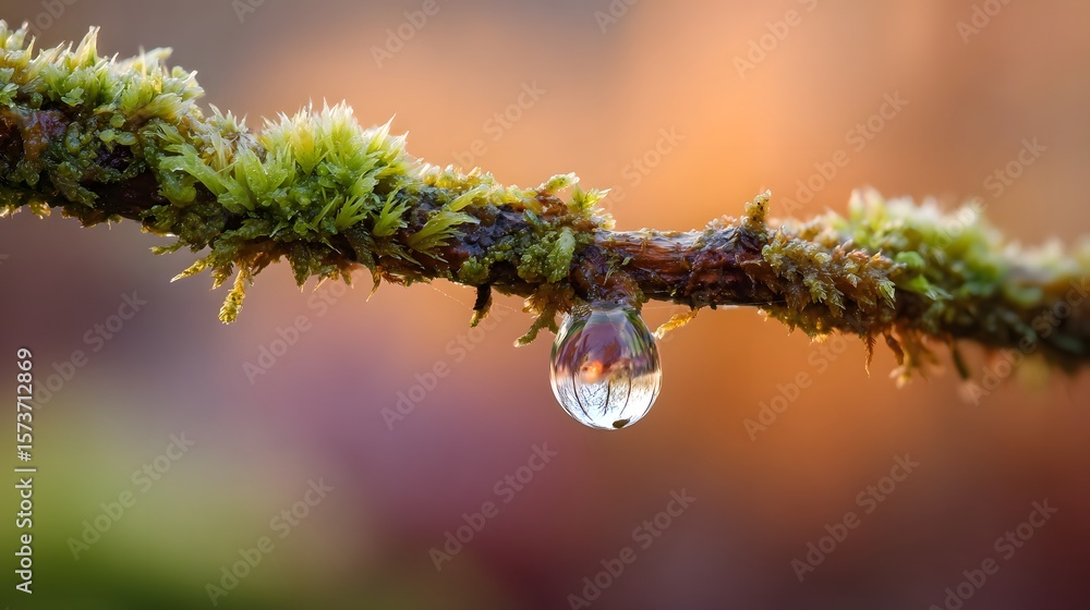 Poster a single glistening dew drop clings to a moss covered twig reflected in its curved surface against a