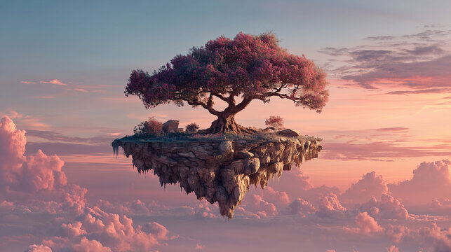 Magical Floating Island with a Waterfall: A beautiful and surreal fantasy landscape of an island with a tree and waterfall floating in the sky.