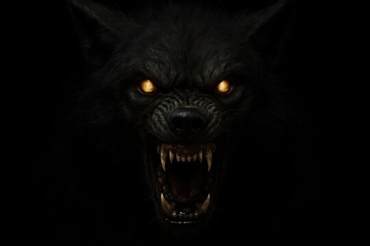 Menacing werewolf portrait with fierce expression and sharp fangs in dark atmosphere