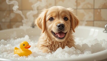 An adorable golden retriever puppy sits cheerfully amidst a mass of white bath bubbles in a tub, with a yellow rubber duck visible beside it. The puppy's happy expression and the soft, bubbly environm