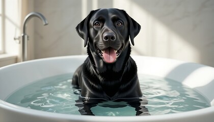 A happy black Labrador Retriever dog stands submerged in a bathtub filled with water, looking directly at the camera with a joyful, panting expression. The bright lighting highlights its glossy fur 
