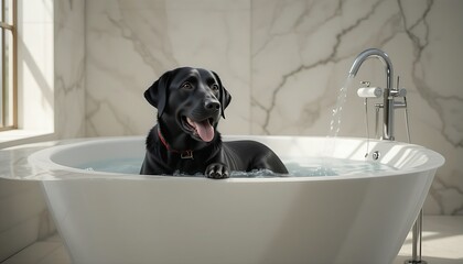 A happy black Labrador Retriever dog stands submerged in a bathtub filled with water, looking directly at the camera with a joyful, panting expression. The bright lighting highlights its glossy fur 