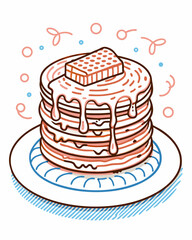 A stack of fluffy pancakes topped with melting butter and syrup dripping down the sides illustration