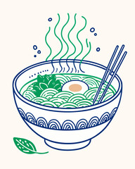 A steaming bowl of ramen noodles illustration