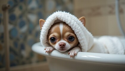 A tiny, adorable Chihuahua puppy is wrapped in a white towel, with only its head visible, resting comfortably in a white bathtub or sink.