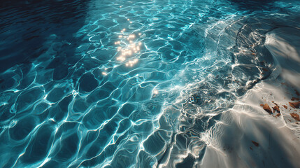 Naklejka premium Top-Down Shot of Crystal Clear Light Blue Water: A photorealistic, top-down shot of a clear swimming pool or ocean water texture. 