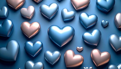 A multitude of glossy heart-shaped objects in soft blue and rose gold hues