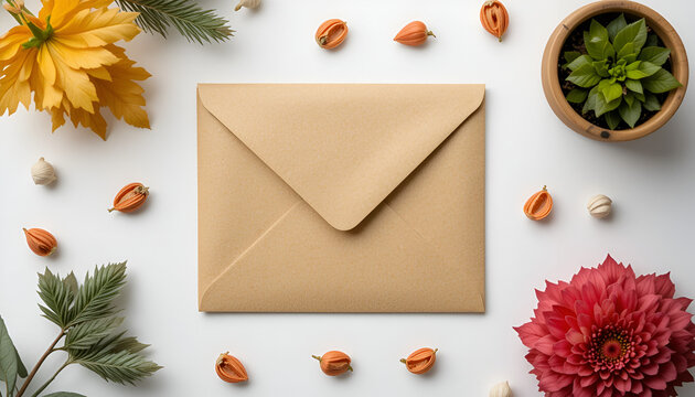 Elegant beige envelope on a clean white surface surrounded by flowers, pot plant, and foliage for stationery mockups. - Powered by Adobe