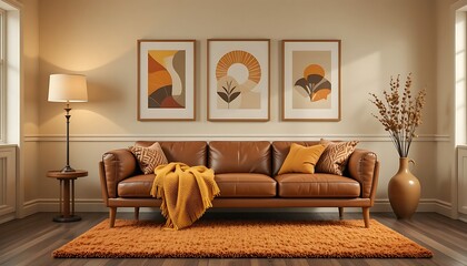  A vintage Scandinavian-inspired living room with a mid-century modern chaise lounge in a warm brown leather, classic cylindrical bolster, and retro-patterned throw pillows. A chunky knit mustard yell