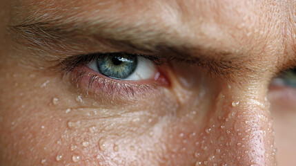Fototapeta premium Constant stress concept. Close-up of an intense gaze with droplets on skin and a focused expression.