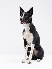 A black and white Border Collie stands confidently in a studio, gazing forward with an attentive...