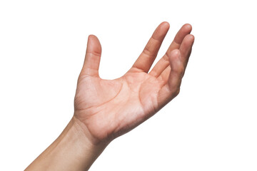 open hand reaching up on white background