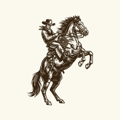 Cowboy on Rearing Horse, Wild West Rodeo Illustration, Vintage Western Vector, Outlaw Rider Clipart