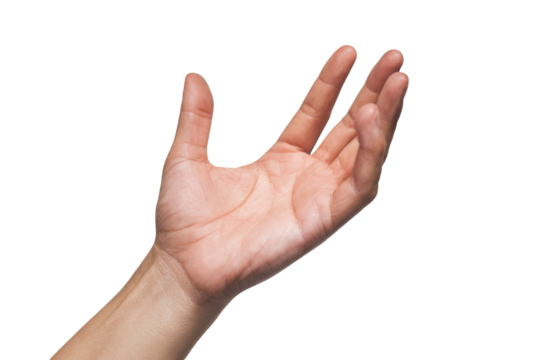 open hand reaching up on white background