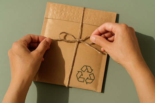 Person tying twine around recycled paper envelope with eco friendly packaging symbol, promoting sustainable materials and waste reduction