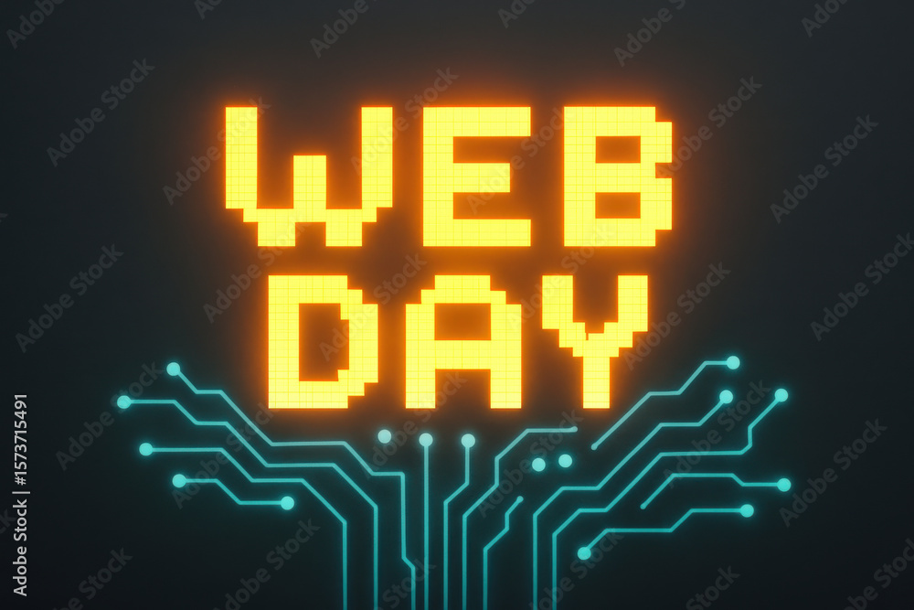 Fototapete Digital pixelated web day text glowing above futuristic circuit board design, symbolizing technology and internet innovation