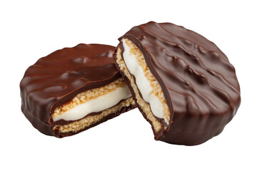 chocolate moon pie, half cut on white background.