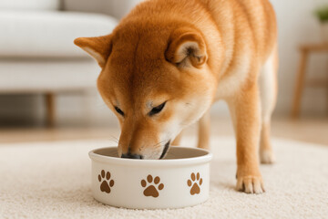 Adorable shiba inu dog enjoying meal from paw print bowl on carpet in cozy modern home living room