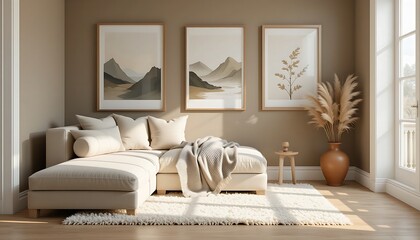  A sophisticated Scandinavian-inspired bedroom nook with a plush light tan fabric chaise lounge, a cylindrical bolster pillow, and various textured cream and off-white throw pillows.