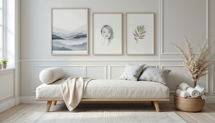  A serene Scandinavian reading corner with a comfortable light beige linen chaise lounge, a round bolster pillow, and a mix of patterned and solid neutral throw pillows. 