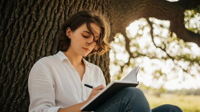 Young Adult Journaling Under Tree with Wind-Blown Hair &ndash; Reflective Island Moment