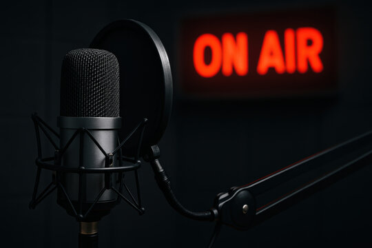 Professional podcast recording studio setup with broadcast microphone and illuminated on air sign for live audio production