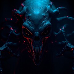 Naklejka premium Eerie Bioluminescent Alien Creature: Emerging from DarknessEerie Bioluminescent Alien Creature: Emerging from Darkness