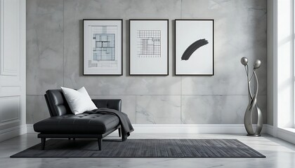 A minimalist Scandinavian office setup with a sleek black leather chaise lounge, a matching bolster, and crisp white throw pillows. A charcoal gray thin throw. 