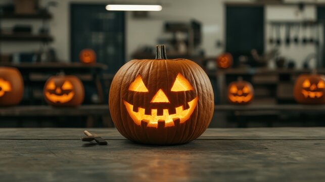 Handcrafted Halloween decorations in a small business workshop, rustic tools, carved pumpkins glowing in soft natural light