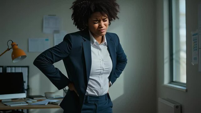 A young businesswoman is suffering from back pain in the office