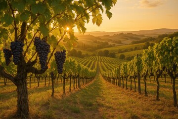 Fototapeta premium Tuscany vineyard at golden hour with ripe grape clusters and rolling hills landscape panorama
