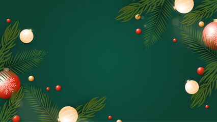 Festive holiday theme with Christmas ornaments and tropical palm leaves, perfect for holiday greetings cards, social media posts, and websites.